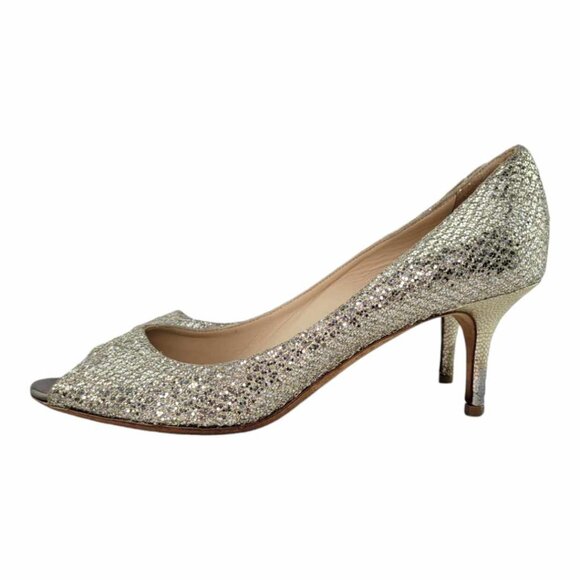 AUTHENTIC JIMMY CHOO Isabel Metallic Peep Toe Pump Sz 37.5IT (US7.5) - Champagne - Picture 4 of 10